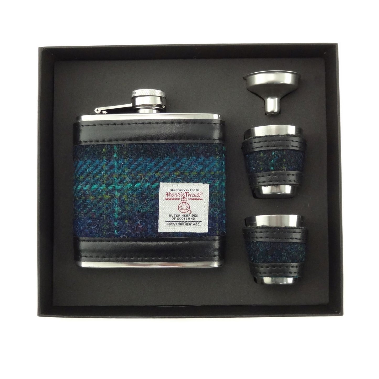 6oz Harris Tweed Hip Flask - blue and turquoise