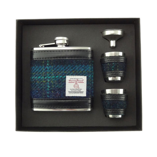 6oz Harris Tweed Hip Flask - blue and turquoise